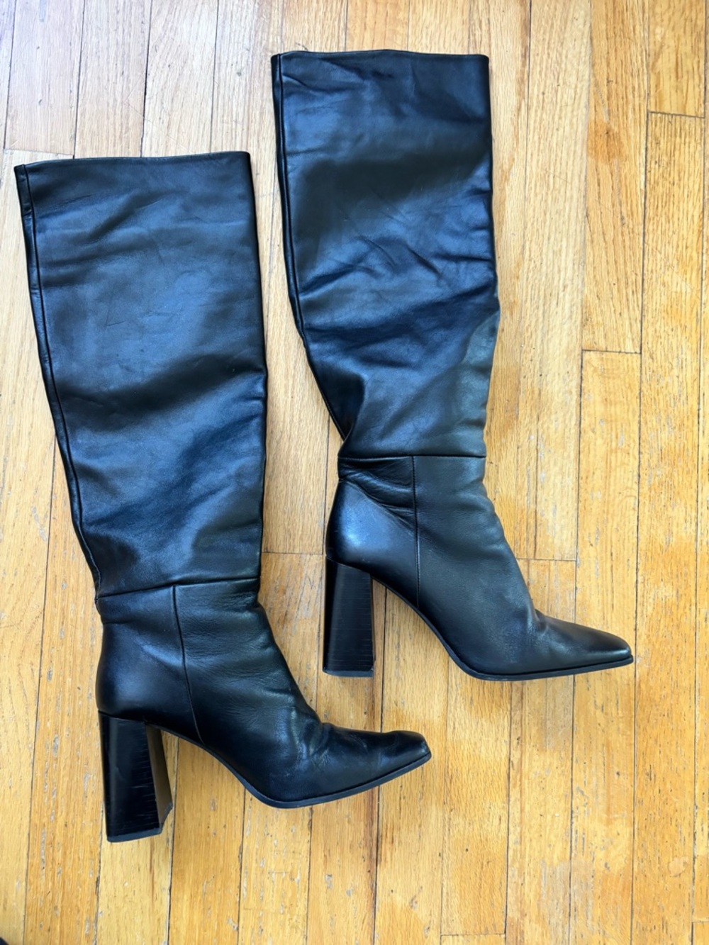 Zara Black Leather Over-the-Knee Block Heel Boots